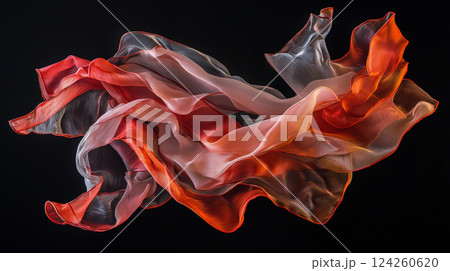 A striking visual of red mixed-color fabric gracefully flowing in mid-air, suspended in a moment of dynamic movement. Generative AI	 124260620