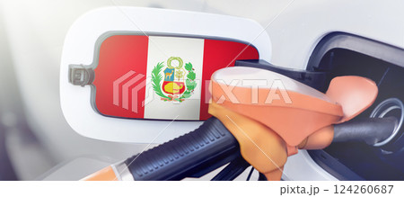 The flag of Peru on the lid of the gas tank of a car at a gas station in close-up. High or low gasoline prices at Peruvian gas stations. Gasoline prices are rising due to a shortage of diesel fuel The flag of Peru on the lid of the gas tank of a car at a gas station in close-up. High or low gasoline prices at Peruvian gas stations. Gasoline prices are rising due to a shortage of diesel fuel 124260687
