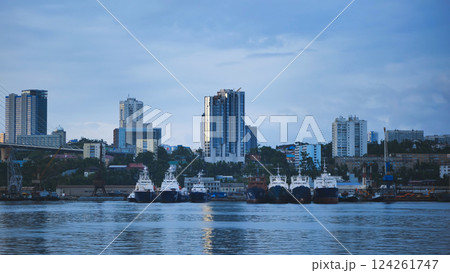 Cargo vessels docked at vladivostok seaport, golden bridge spanning cityscape under overcast sky Cargo vessels docked at vladivostok seaport, golden bridge spanning cityscape under overcast sky 124261747