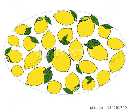 Yellow lemon whole with leaves oval composition. Vector graphic line ink illustration on transparent background. illustration for package, kitchen design, fabric and textile Yellow lemon whole with leaves oval composition. Vector graphic line ink illustration on transparent background. illustration for package, kitchen design, fabric and textile 124261749