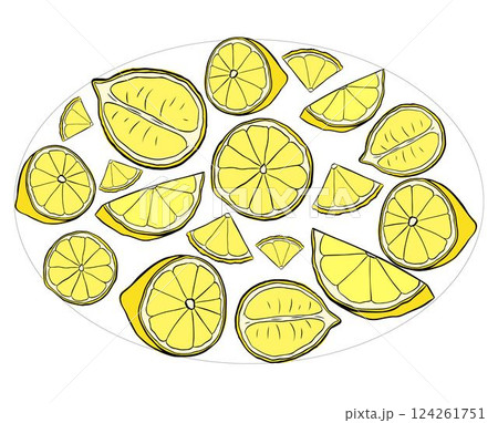 Lemon slices oval composition. Vector yellow graphic line ink illustration for logo, package, kitchen design, fabric and textile.  124261751