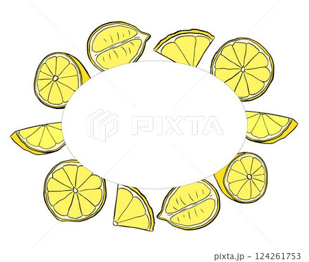 Lemon slice oval frame vector drawing. Hand drawn summer illustration. graphic line ink yellow illustration for packaging, tea, juice, natural cosmetics, lemonade 124261753