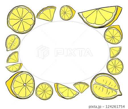Yellow lemon slices rectangle frame. Vector graphic line ink text frame templates. Design for menu, package, cosmetic, textile. 124261754