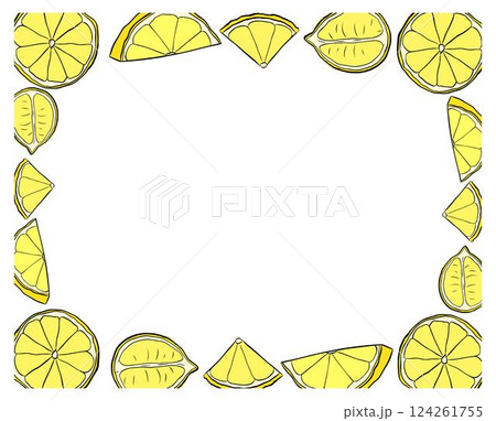 Lemons slice rectangle frame. yellow template with citrus fruits. Vector graphic line ink illustration with empty space for text. Ideal for menu, package, cosmetic, textile, cards 124261755