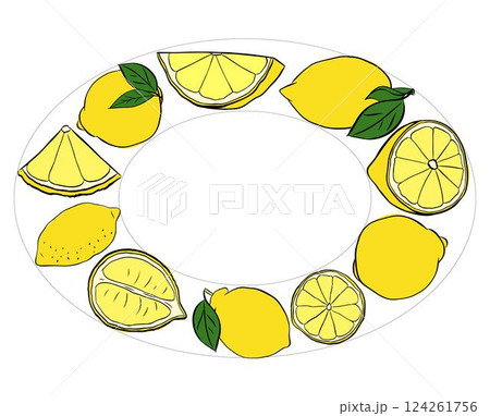 Oval Frame with lemon whole and slices green leaves. Graphic line ink yellow style, floral frames, invitation, party, wedding road signs. Vector illustration. Oval Frame with lemon whole and slices green leaves. Graphic line ink yellow style, floral frames, invitation, party, wedding road signs. Vector illustration. 124261756