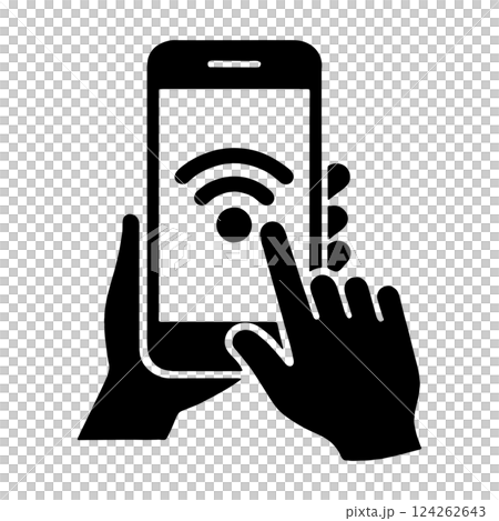Silhouette illustration of a hand touching a smartphone screen with a communication icon displayed on it, cut out on a transparent background 124262643