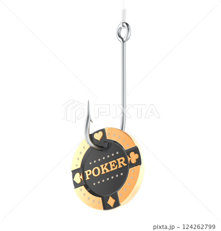 Fishing hook with gaming casino chip. Gambling Addiction, concept. 3D rendering Fishing hook with gaming casino chip. Gambling Addiction, concept. 3D rendering 124262799