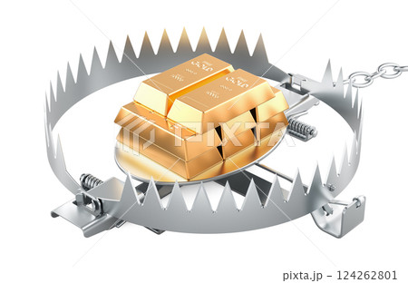 Golden ingots inside bear trap. 3D rendering 124262801