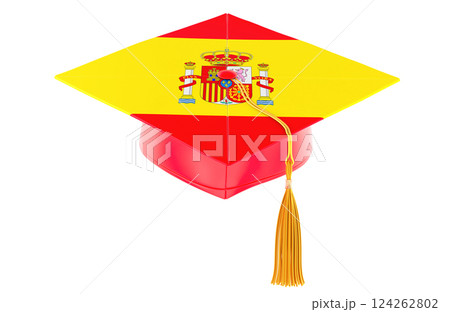 Graduation cap with Spanish flag. Education in Spain or learn Spanish language, concept. 3D rendering Graduation cap with Spanish flag. Education in Spain or learn Spanish language, concept. 3D rendering 124262802