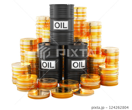 Oil production and trading, concept. Oil barrels with stack of golden coins. 3D rendering 124262804