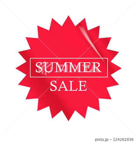 Summer sale round red sticker isolated on white. Price sticker, sale sticker, price tag, retro label, sale or discount sticker, promotional badge set, shopping label png. Summer sale poster and banner 124262836