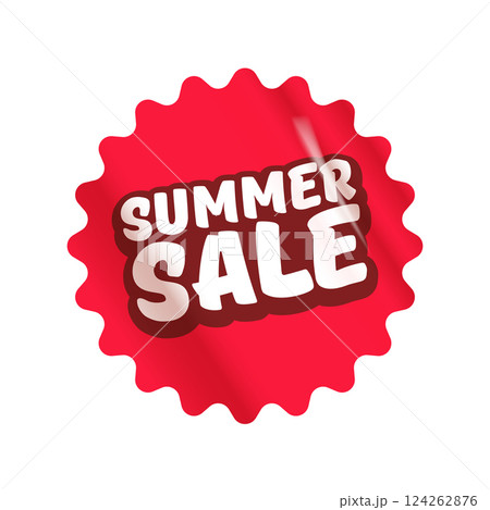 Summer sale round red sticker isolated on white. Price sticker, sale sticker, price tag, retro label, sale or discount sticker, promotional badge set, shopping label png. Summer sale poster and banner 124262876