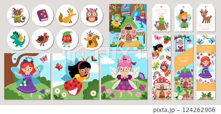 Cute fairy cards set with elf, dwarf, houses, unicorn, dragon, fairytale creature. Vector woodland princess square, round, vertical print templates. Cute fantasy forest design for tags, postcards Cute fairy cards set with elf, dwarf, houses, unicorn, dragon, fairytale creature. Vector woodland princess square, round, vertical print templates. Cute fantasy forest design for tags, postcards 124262906