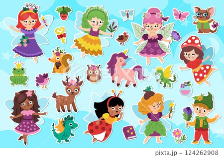 Vector fairy sticker pack. Cute patches with little girls with wings. Woodland princess icon collection. Fantasy forest animal illustrations. Magic garden clipart with elf, unicorn, dragon, fairytale 124262908
