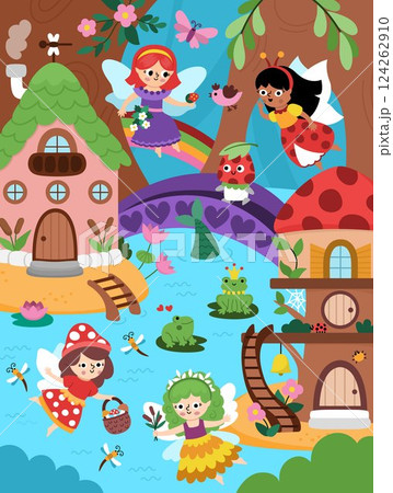 Vector vertical fairyland background with swamp fairy, mermaid houses. Magic land landscape. Woodland scenery with princess, enchanted forest, river, bridge. Fantasy scene illustration 124262910