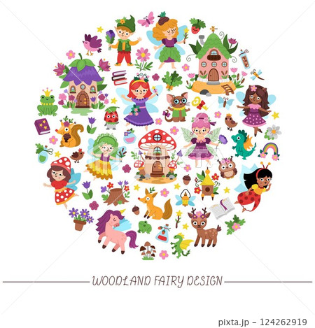 Vector woodland fairy round frame with elf, dwarf, houses, unicorn, dragon, fairytale creature. Magic garden princess card template design for banner, invitation. Cute fantasy forest illustration Vector woodland fairy round frame with elf, dwarf, houses, unicorn, dragon, fairytale creature. Magic garden princess card template design for banner, invitation. Cute fantasy forest illustration 124262919
