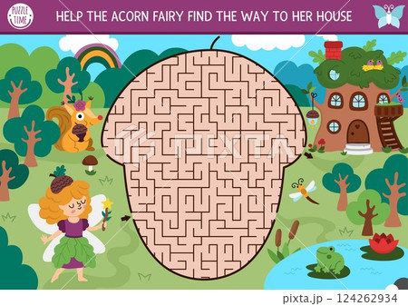 Fun maze for kids with fairy, geometrical labyrinth shaped as acorn, rainbow. Fairytale princess printable activity with girl. Labyrinth game, puzzle with tree house, magic forest landscape Fun maze for kids with fairy, geometrical labyrinth shaped as acorn, rainbow. Fairytale princess printable activity with girl. Labyrinth game, puzzle with tree house, magic forest landscape 124262934