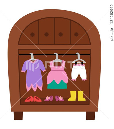 Vector fairy wardrobe clipart. Cute closet with little girl dresses, shoes, boots. Woodland princess dresser with clothes clipart. Fantasy forest fay armoire illustration. Magic or fairytale Vector fairy wardrobe clipart. Cute closet with little girl dresses, shoes, boots. Woodland princess dresser with clothes clipart. Fantasy forest fay armoire illustration. Magic or fairytale 124262940