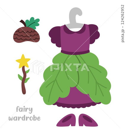 Vector acorn fairy clothes. Cute woodland princess leaf shaped dress on hanger, magic wand, hat, shoes icons. Fantasy forest fay costume illustrations. Fairytale fashion gown. Little girl wardrobe 124262952