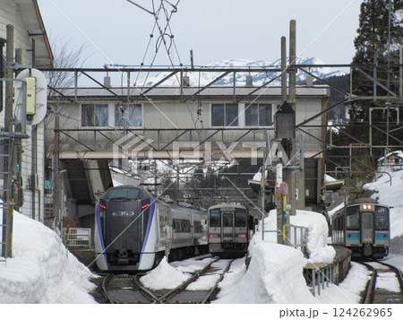 雪の大糸線・南小谷駅に入線する特急あずさ号 124262965