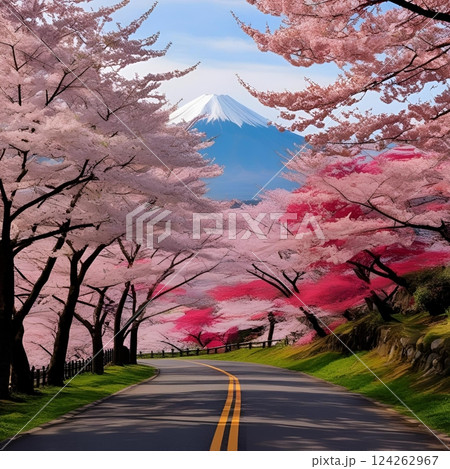 桜並木道から望む、冠雪した冠雪の富士山 124262967