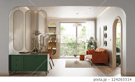 living room with a brown sofa and dining area, wooden floors 124263314