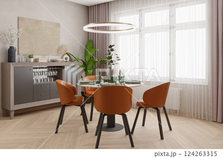 Modern dining area with orange chairs, green plants 124263315