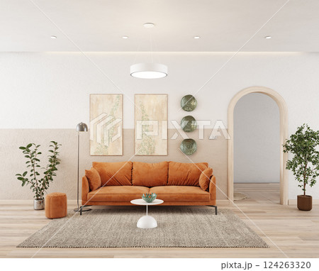A cozy living room with an orange sofa, A cozy living room with an orange sofa, 124263320