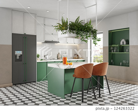 Green and gray kitchen with hanging plants 124263322