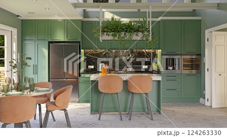 dining space with chairs, green island, and kitchen area 124263330