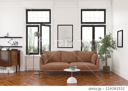living room with brown sofa, white walls 124263332