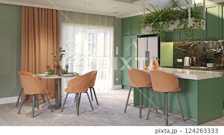 dining space with chairs, green island, and kitchen area dining space with chairs, green island, and kitchen area 124263333