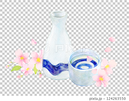水彩イラスト　満開の桜　花見酒 124263550