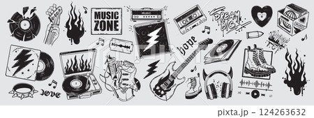 Rock music grunge sticker set, vinyl record player illustration, vector hand drawn audio sound print 124263632