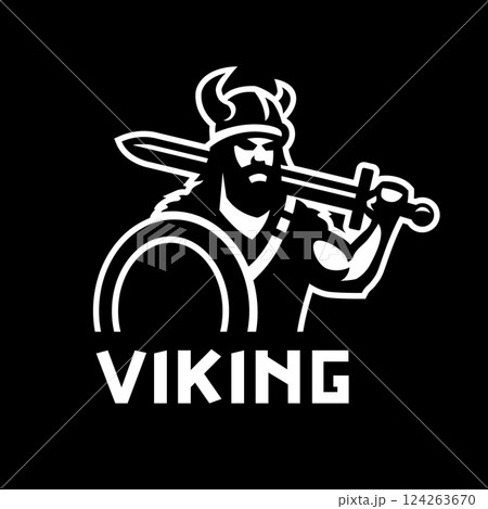 Viking with shield and sword on a dark background. 124263670