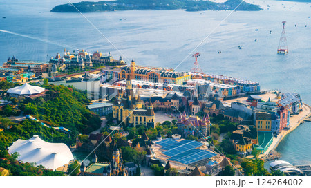 panoramic view of Vinpearl Island with VinWonders Amusement Park with castles and cable car in Nha Trang in Vietnam aerial view 124264002