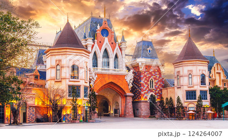 beautiful medieval castle at central square at entertainment park VinWonders Vinpearl in Nha Trang in Vietnam at sunset 124264007