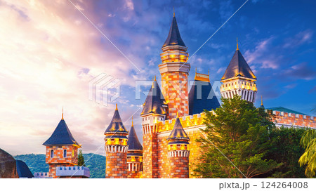 roof of fantastic fairy medieval castle at VinWonders Amusement Park in Vinpearl island in Nha Trang in Vietnam 124264008