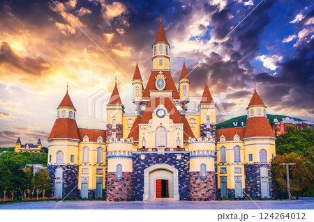 Fantastic beautiful medieval castle at VinWonders Amusement Park Vinpearl island in Nha Trang, Vietnam at sunset Fantastic beautiful medieval castle at VinWonders Amusement Park Vinpearl island in Nha Trang, Vietnam at sunset 124264012