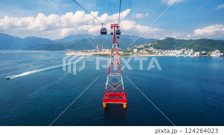 ropeway cable car cabins on cableway over sea to VinWonders Vinpearl Amusement Park in Nha Trang in Vietnam ropeway cable car cabins on cableway over sea to VinWonders Vinpearl Amusement Park in Nha Trang in Vietnam 124264023