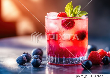 Refreshing Pink and Red Drink with Ice and Berries 124264490
