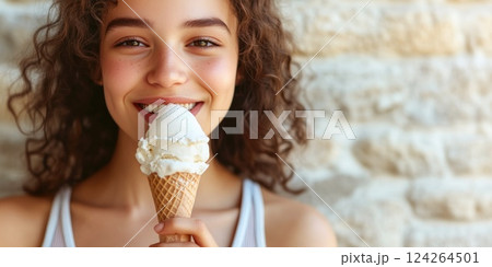 Young woman licking ice cream against a stone wall backdrop 124264501