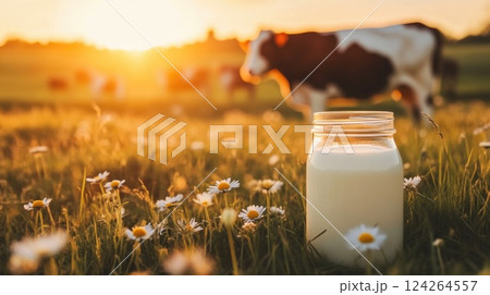 Fresh Milk in a Glass Jar on Green Grass 124264557