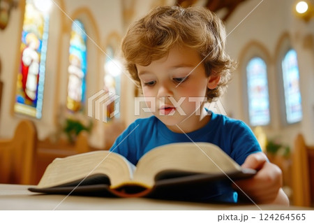Close-Up of Kid Reading Bible in Warm Church Light Close-Up of Kid Reading Bible in Warm Church Light 124264565