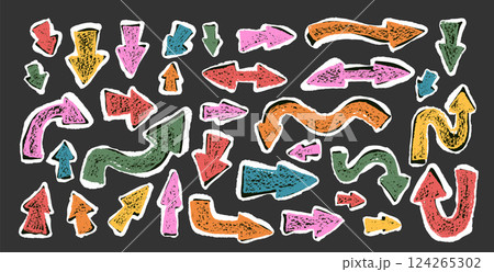 Arrow collage set crayon drawing Pointers isolated. Navigation path colorful marks. Scribble doodle paper signs. Vector hand drawn illustration 124265302