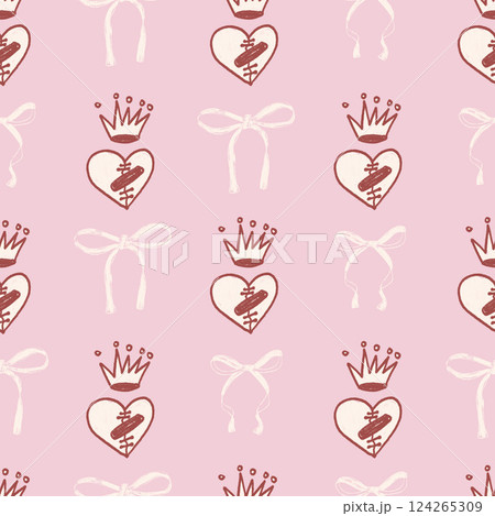 Coquette crayon seamless pattern. Girly marker endless background. Bow and broken heart with crown repeat cover. Crayon love continuous ornament. Vector hand drawn illustration 124265309
