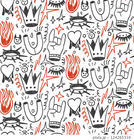 Girly punk rock crayon seamless pattern. Graffiti doodle marker endless background. Naive hors, fire, crown repeat cover. Crayon continuous black and red ornament. Vector hand drawn illustration 124265310