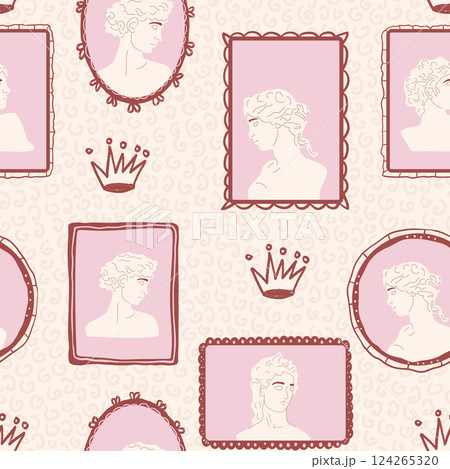 Greek statues portrait seamless pattern. Antique Roman goddess face sculpture on retro frame endless aop background. Rococo crayon crown surface pattern design motif. Vector hand drawn illustration 124265320