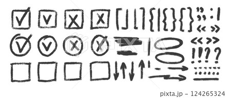 Check marks, arrow doodle set. Charcoal underlines, quotation marks, brackets and signs. Scribble sketch pencil emphasis note highlights. Vector hand drawn illustration isolated on white background Check marks, arrow doodle set. Charcoal underlines, quotation marks, brackets and signs. Scribble sketch pencil emphasis note highlights. Vector hand drawn illustration isolated on white background 124265324