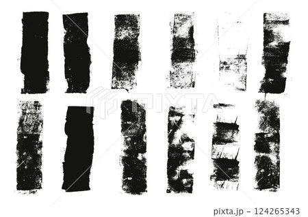 Straight thick grunge underlines. Linocut rolled brush stroke set. Handmade ink rectangle rough stamps. Vector black paint lines shapes. Dry marker or brayer smear textures. Distressed figures 124265343